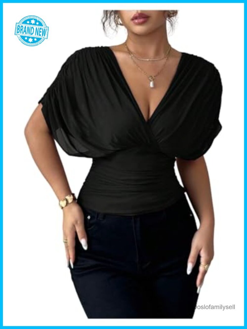 Women's Ruched Mesh Wrap Top Short Sleeve Cinched Waist V-Neck Blouse